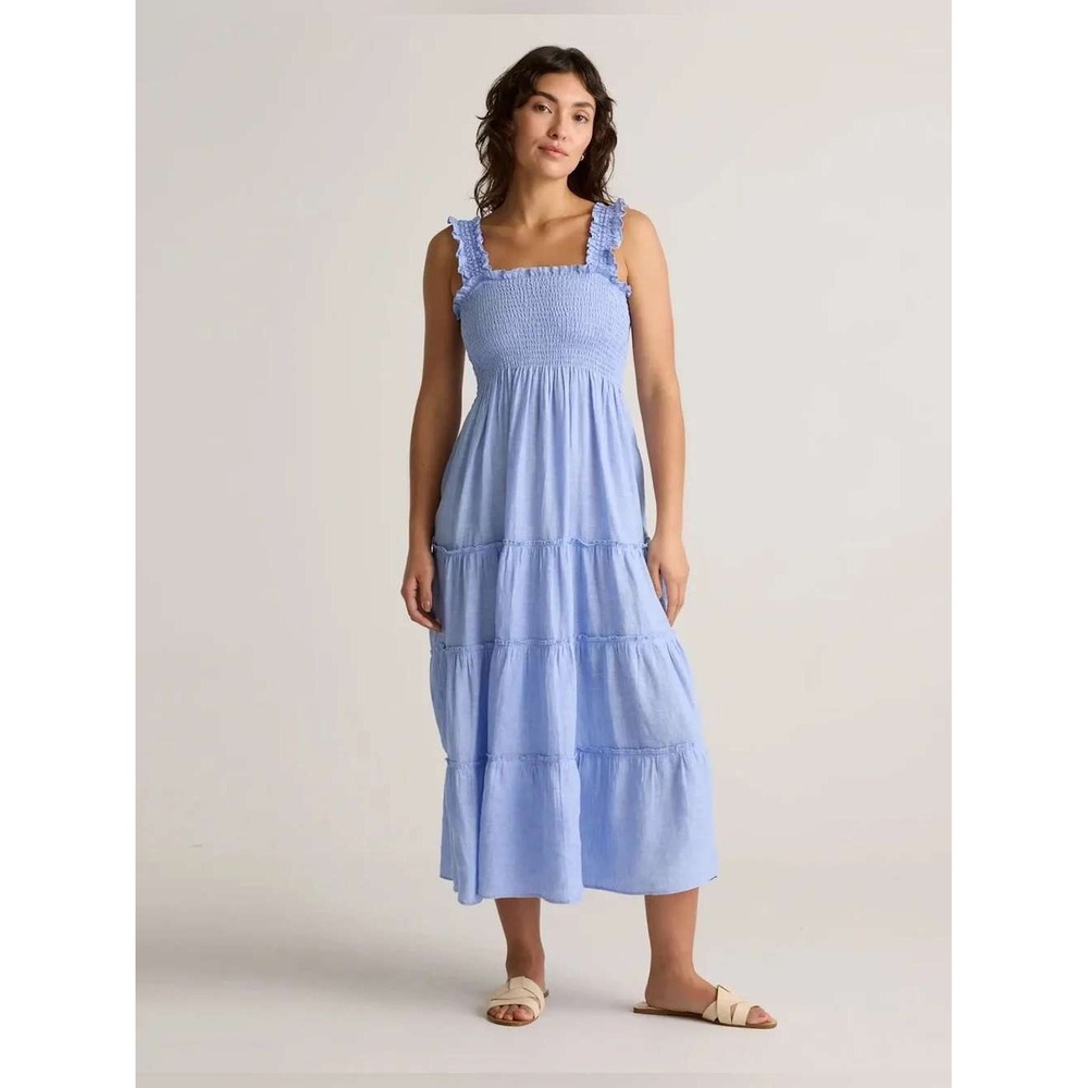 Quince 100% European Linen Smocked Midi Dress French Blue Tiered Ruffle Straps S